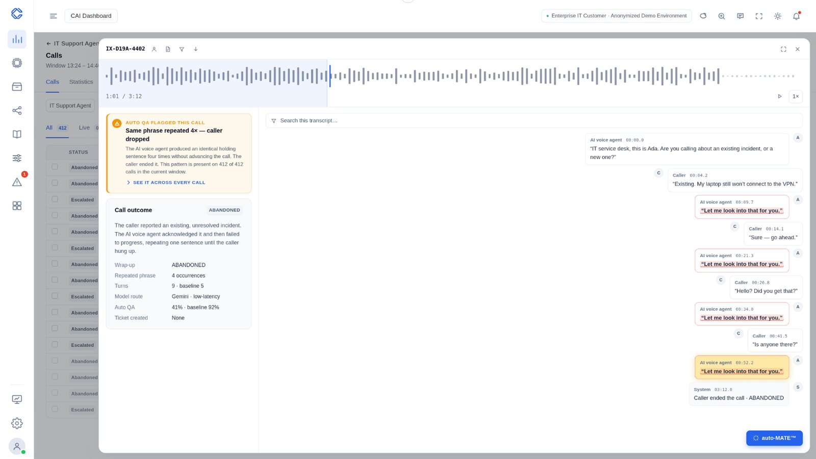 Call transcript showing the AI voice agent repeating the same sentence four times